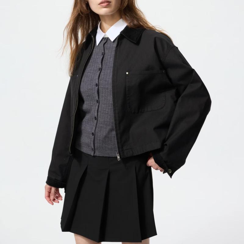 UNIQLO - Áo khoác kaki kéo khoá cổ nhung